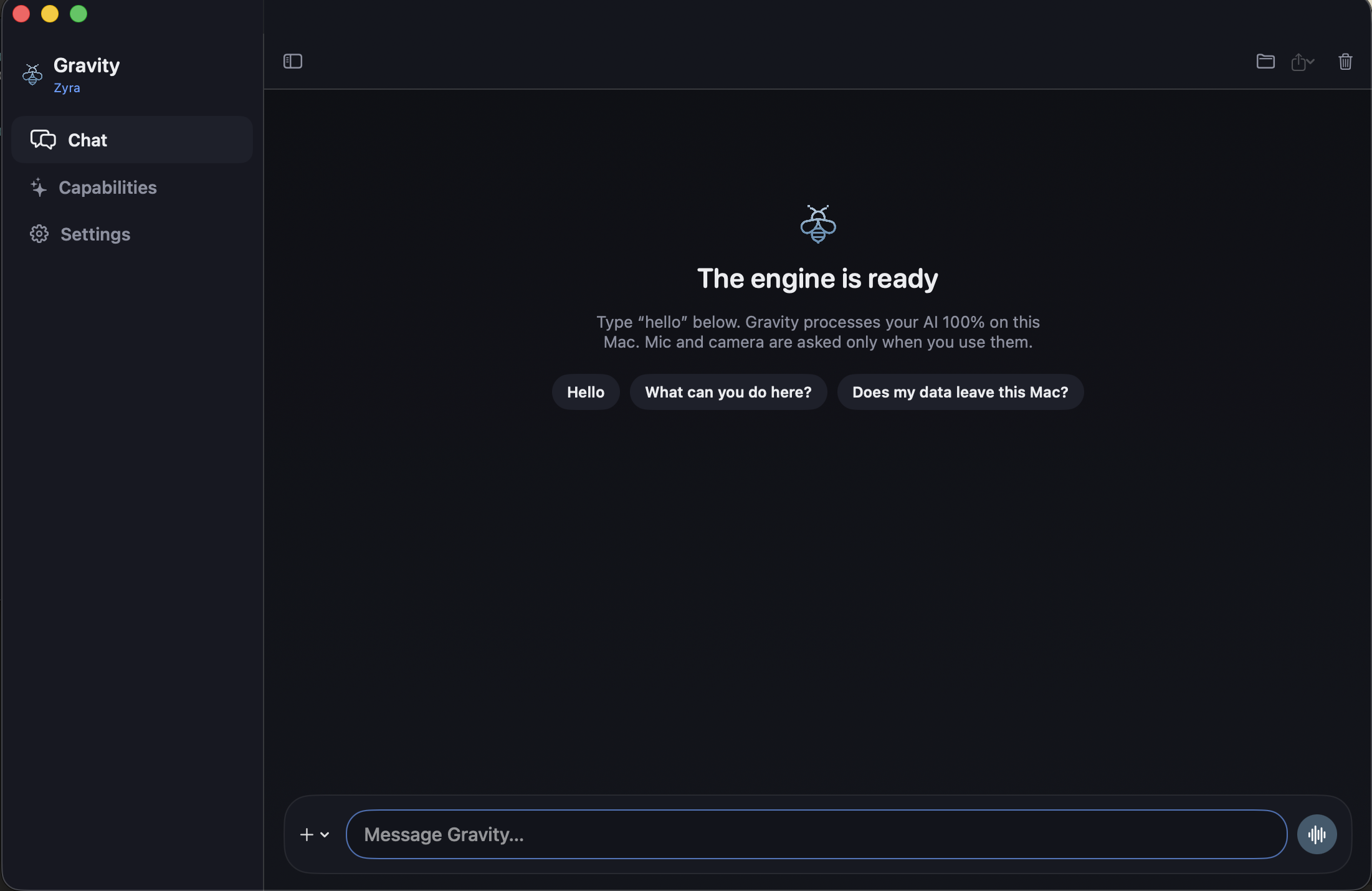 Zyrabit Gravity — private AI workspace running natively on macOS